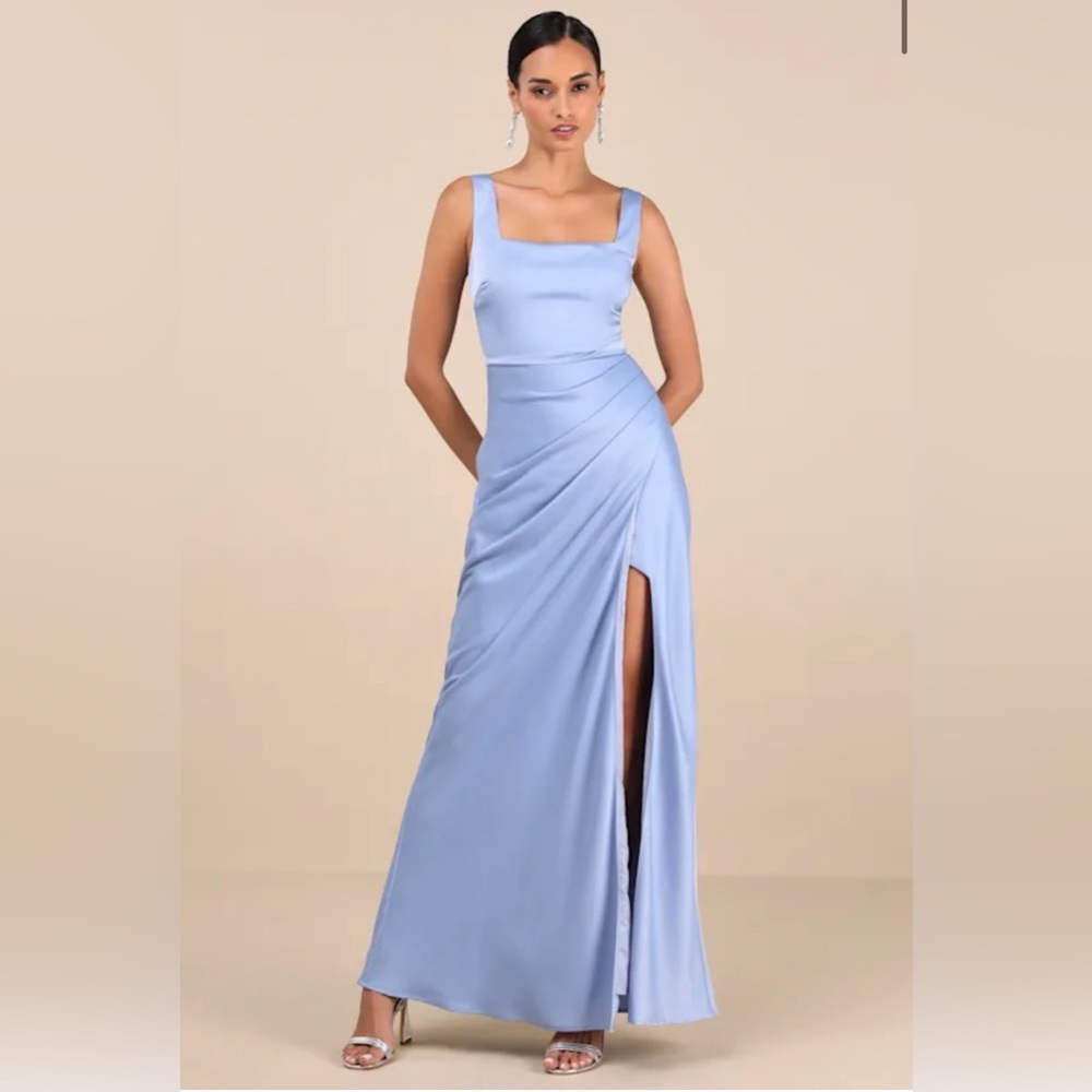 Lulus Red Carpet Romance Light Blue Satin Square Neck Maxi Dress - Size 3X